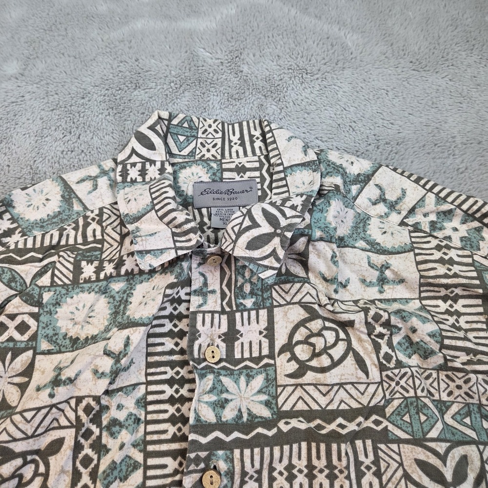Eddie Bauer Linen Button Down Shirt Mens XL Tribal Geometric Sea Turtle Green